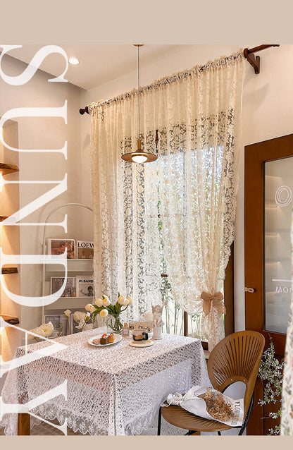 French-Style Retro Palace Lace Embroidery Cream Sheer Curtain for Bay Window, Light-Transmitting, No-Drill Partition Half Curtain Door Curtain