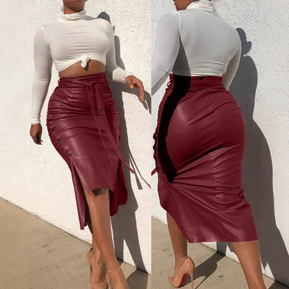 Cross-border foreign trade European and American leather skirt Amazon women's clothing hot sale split slim mid-length hip half PU skirt generation hair