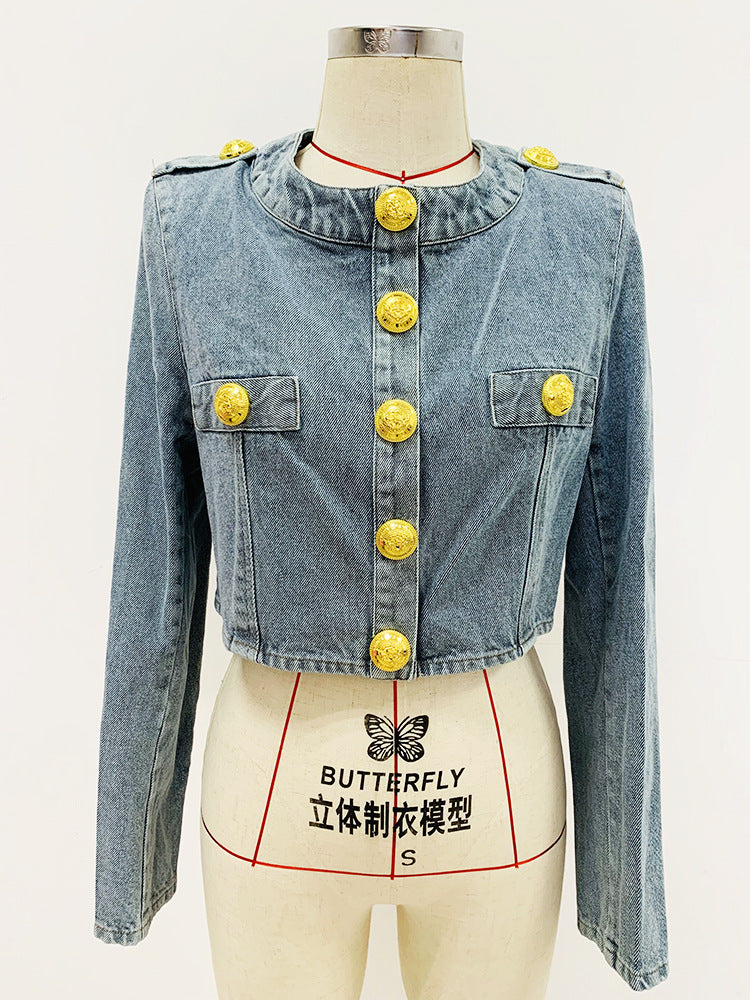 In Stock 2026 European and American Celebrity Style New Round-Neck Lion Buckle Ultra-Short Washed Denim Jacket