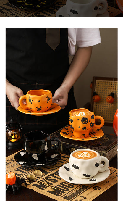 Creative Halloween-Themed Ceramic Cup and Saucer, Irregular Personalized Coffee Cup and Saucer with Pumpkin and Bat Patterns