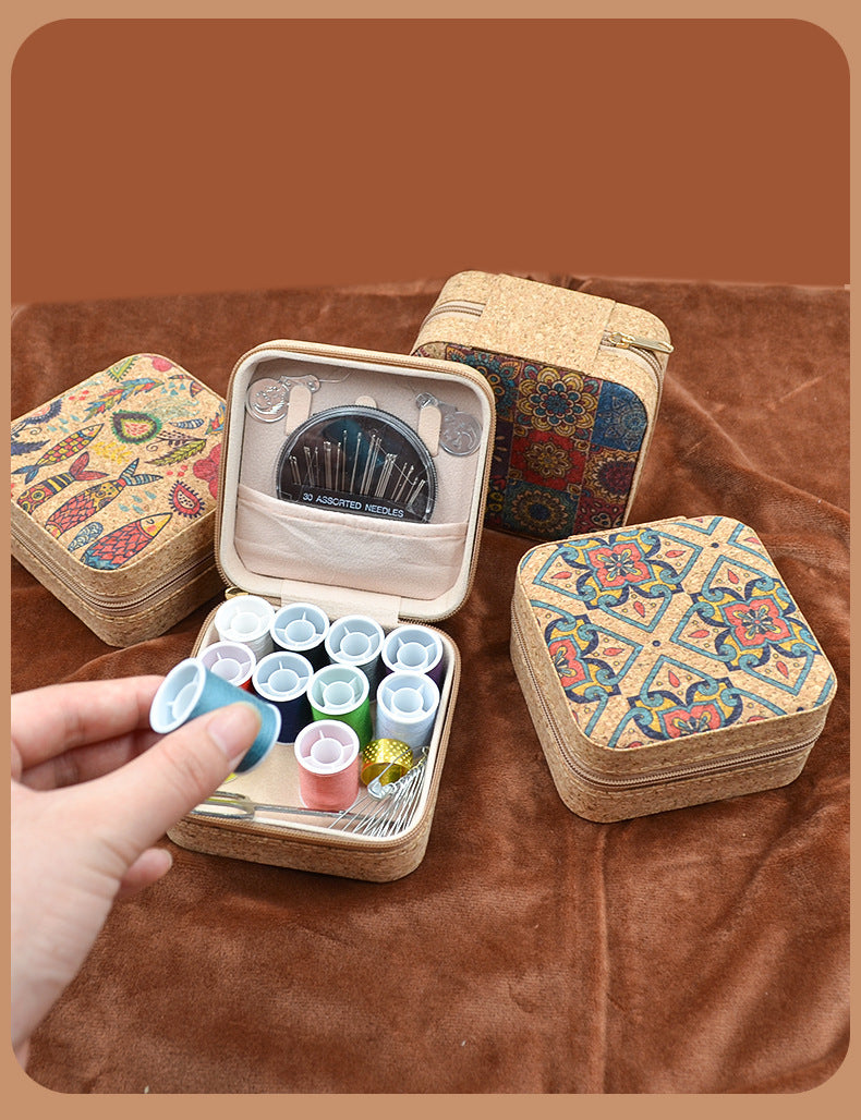 Retro Style Imitation Pu Leather Square Sewing Box Household Sewing and Mending Needle and Thread Set Portable Daily Essential Sewing Kit