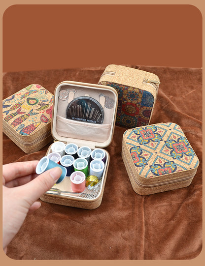 Retro Style Imitation Pu Leather Square Sewing Box Household Sewing and Mending Needle and Thread Set Portable Daily Essential Sewing Kit