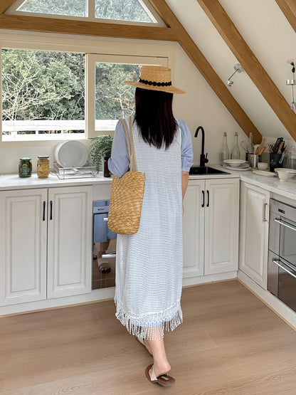 Two days 2025 spring new plus size women's tassel hollow blouse/solid color waist dress 8782AB
