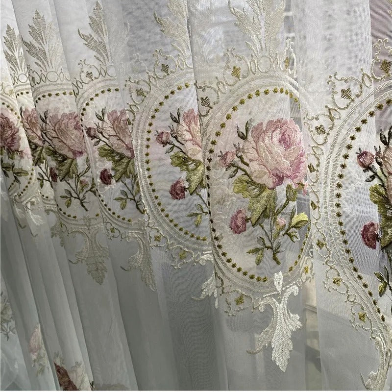 American Luxury Peony Embroidery Tulle Curtains for Living Room European Elegant Flower Embroidered Sheer Voile Bedroom Window