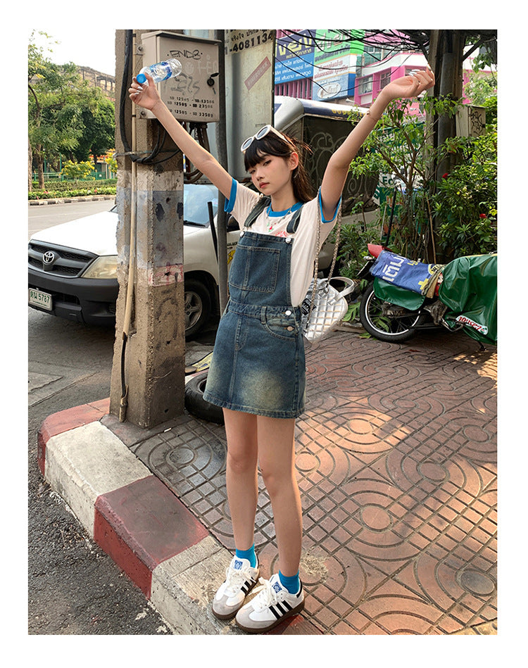 YC & American Retro Sweet Girl Strap Skirt A- line Skirt Slimming Joker dress Denim Skirt Spring and Summer