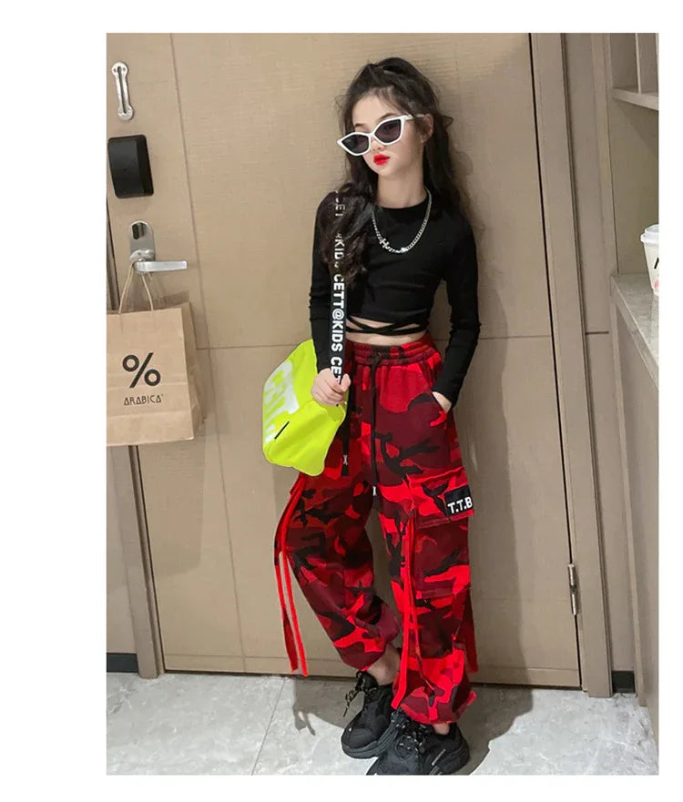 Girls Camouflage Pants Kids Fashion Casual High waisted wide leg pants 2025 Spring Fall ClothesTeen Girl Trousers 8 10 12 14Y