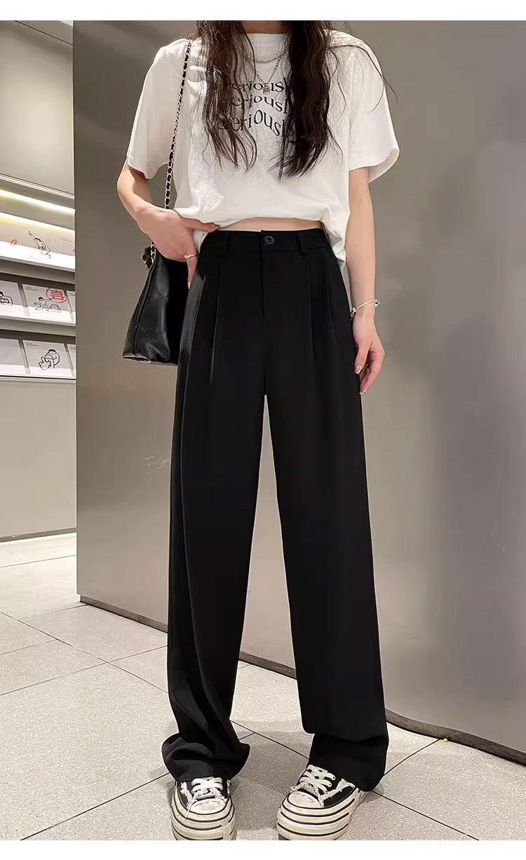 Gray Suit Pants for Women Spring and Summer New High-Waisted Double Pleated Slim Floor-Length Trousers Casual Straight Wide-Leg Pants