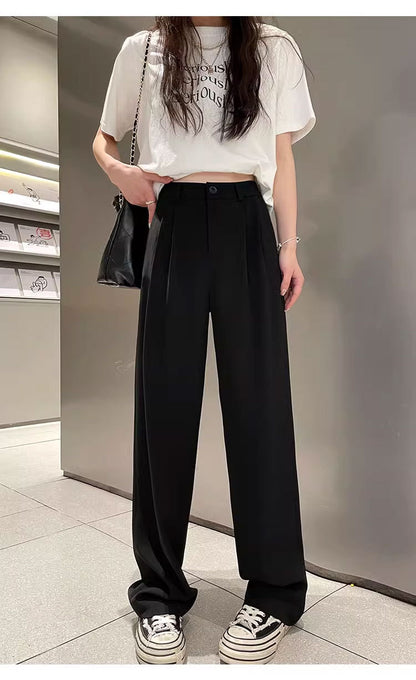 Gray Suit Pants for Women Spring and Summer New High-Waisted Double Pleated Slim Floor-Length Trousers Casual Straight Wide-Leg Pants
