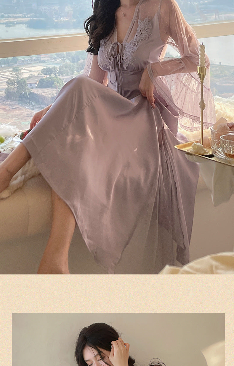 Sexy Pajamas Women's dress Ice Silk French Court with Chest Pad Pure Desire Fairy Nightdress 2025 New Summer