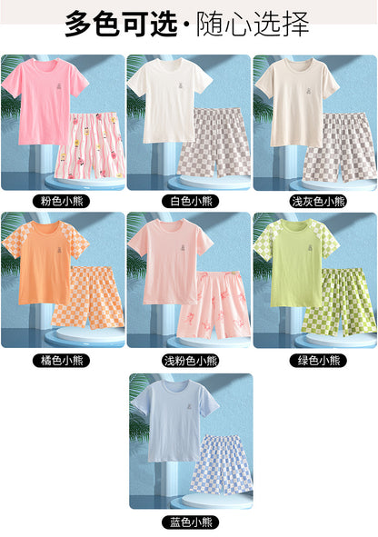 Children's Pajamas, Pure Cotton, Summer Short-Sleeved Shorts Set for Boys, Home Clothes for Girls, Air-Conditioned Clothes for Middle-Aged and Older Boys