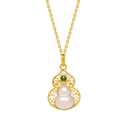 S925 Silver Simple and Fashionable Fulu Gourd Clavicle Chain Inlaid with Natural Hetian Jade High-End Necklace Factory Direct Sale