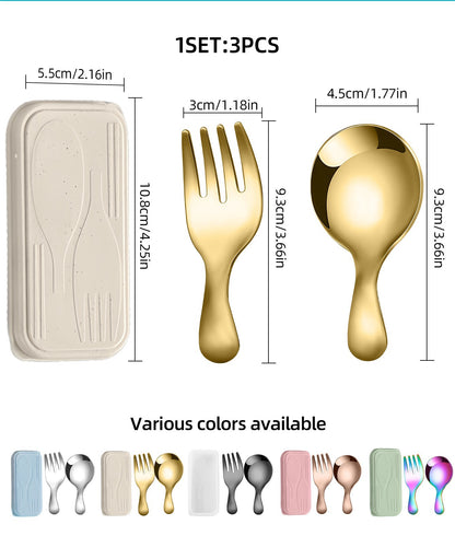 Stainless Steel Portable Spoon and Fork Set Children's Rice Spoon Dessert Spoon Fruit Fork Short Handle Fork Spoon Mini Tableware