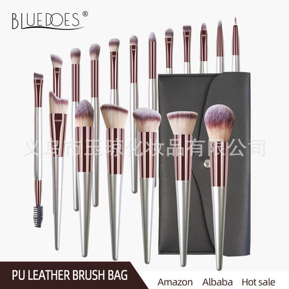 Cross-Border Popular Makeup Brushes 18 Pieces Champagne Color Wooden Handle Set Brushes Eye Shadow Brush Cosmetic Bag Beauty Tools Wholesale