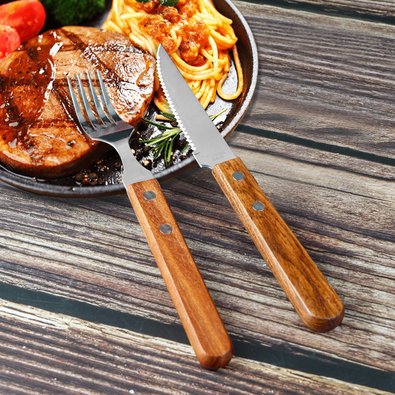 Cross-border Wooden Handle Steak Knife and Fork Two-piece Set Household Western-style Tableware Stainless Steel Main Knife Dishpoint Fork in stock Batch