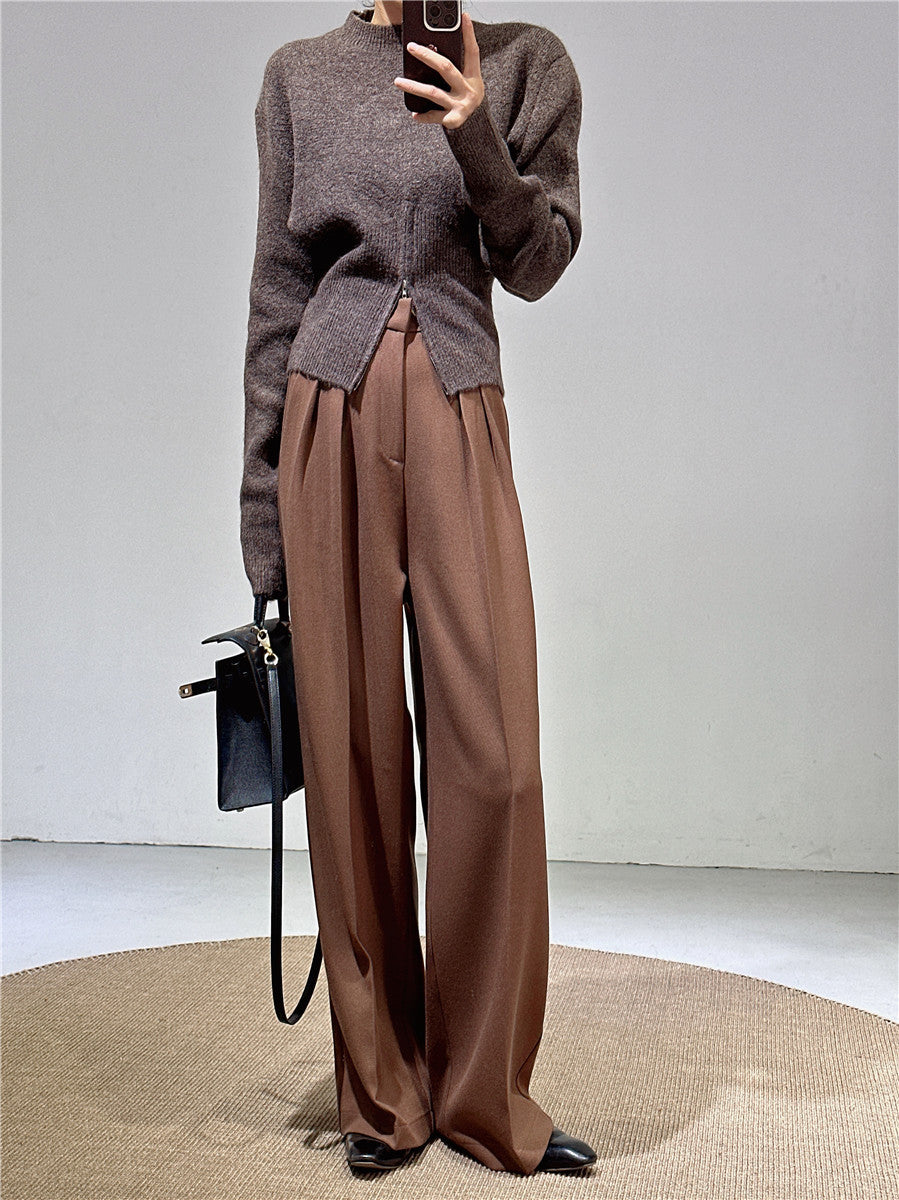 Spring and Autumn New Style Old Money Style Brown Coffee Color Suit Pants for Women, Wide-Leg Pants with Drape Effect, Slimming, Extended Length for Tall Individuals, Straight-Leg Pants