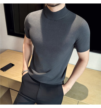 Tiktok Taobao Dropshipping Men's Short-Sleeve Knitwear, Fashionable Versatile Half-Turtleneck Slim-Fit Half-Sleeve Sweater Base Shirt