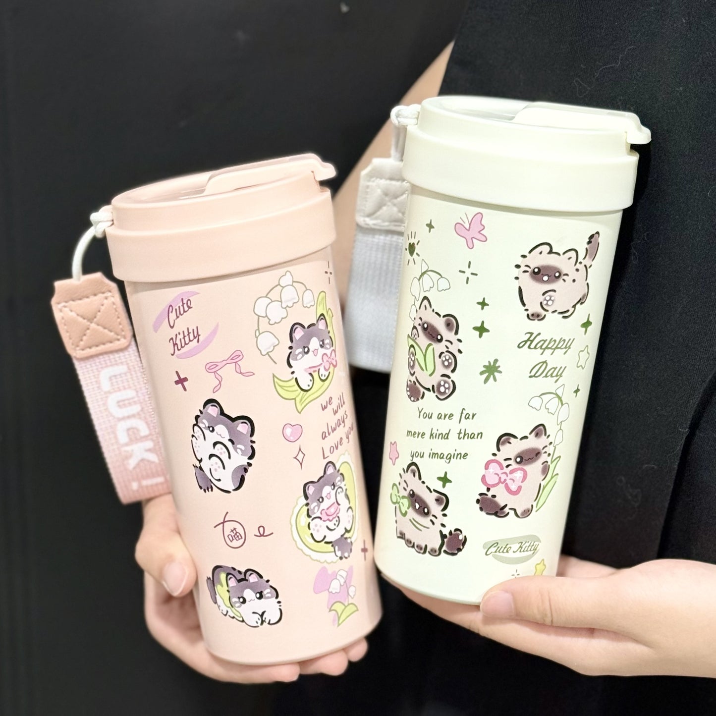New cute thermos cup 316 stainless steel coffee cup portable double drink portable men's and women's straw accompanying cup
