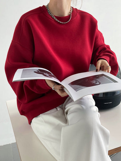 Luxi 2025 Autumn and Winter New Style Velvet Thickeneded Burgundy Sweatshirt for Women Korean Style Normcore Long-Sleeved Pullover Top 2628
