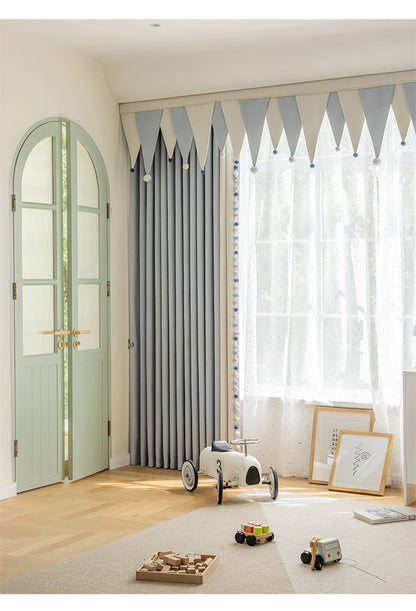 Cream-Colored Chenille Blackout Curtains for Children's Room, Sleeping Beauty Style, with Pom-Pom Design, Custom-Made Finished Product