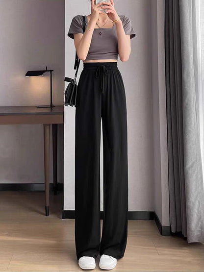 Ice Silk Wide-Leg Pants for Women, Summer Thin High-Waisted Drape Cool Mosquito-Proof Sun-Protective Casual Versatile Floor-Length Straight Pants
