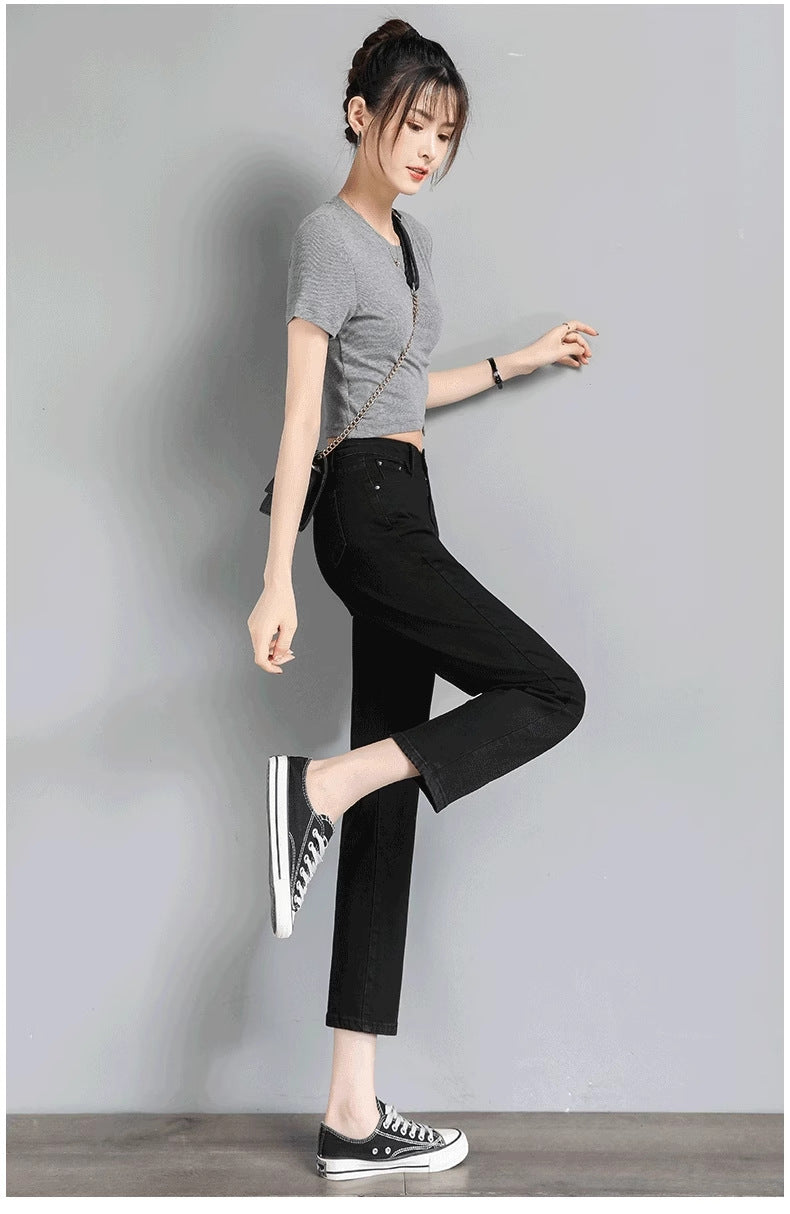 Black Straight-Leg Jeans for Women, 2026 New Summer Thin Style, Petite High-Waisted Slimming Cropped Cigarette Pants