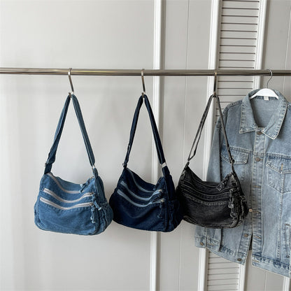 Casual Denim Shoulder Bag Japanese Harajuku Style Canvas Bag for Women 2026 New Large Capacity Simple Crossbody Bag
