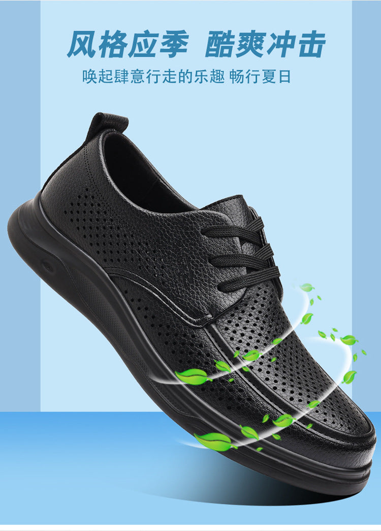 Summer Men's Shoes for Middle-Aged and Elderly People, Genuine Leather Breathable Men's Sandals, Leather Shoes, Soft Soles, Hollow Casual Shoes, Clogs
