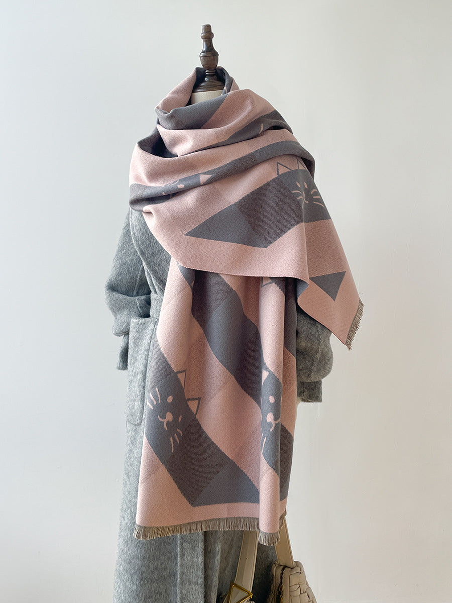 Niche Designer Cartoon Cat Cute Cashmere Scarf Women's Autumn and Winter Warm Thickened Neck Shawl New