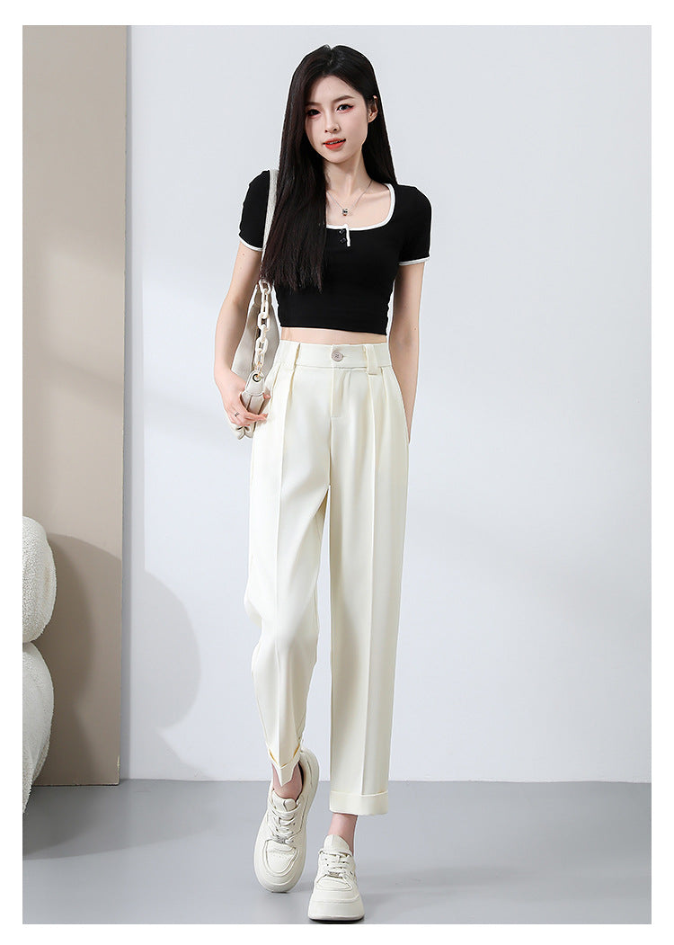 New Style Ice Silk Suit Pants for Petite Women, Cropped Straight-Leg Pants, Summer Thin Cigarette Pants, Free Shipping