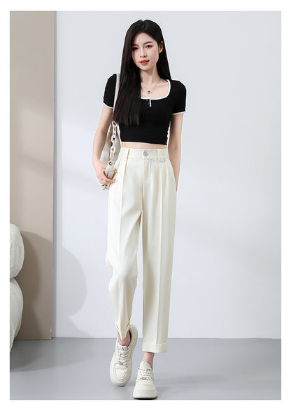 New Style Ice Silk Suit Pants for Petite Women, Cropped Straight-Leg Pants, Summer Thin Cigarette Pants, Free Shipping
