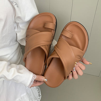 Thick-bottom Slippers Women's 2025 Summer New Beach Outer Wear Cross-belt Cross-border Foreign Trade Flat Beach Sandals