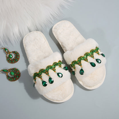 Thick-Soled Furry Slippers for Women in Autumn and Winter Indoor and Outdoor 2025 New Tassel Rhinestone Plush Slippers One-Line Cotton Slippers for Women