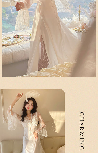 Sexy Pajamas Women's dress Ice Silk French Court with Chest Pad Pure Desire Fairy Nightdress 2025 New Summer