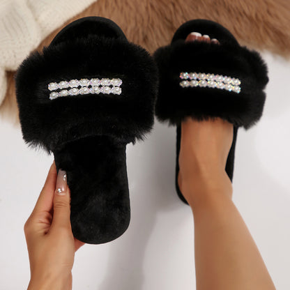 New Foreign Trade Pearl Chain Large Plush Flat Slippers for Women, Fashionable Open-Toe Home Cotton Slippers for Cross-Border