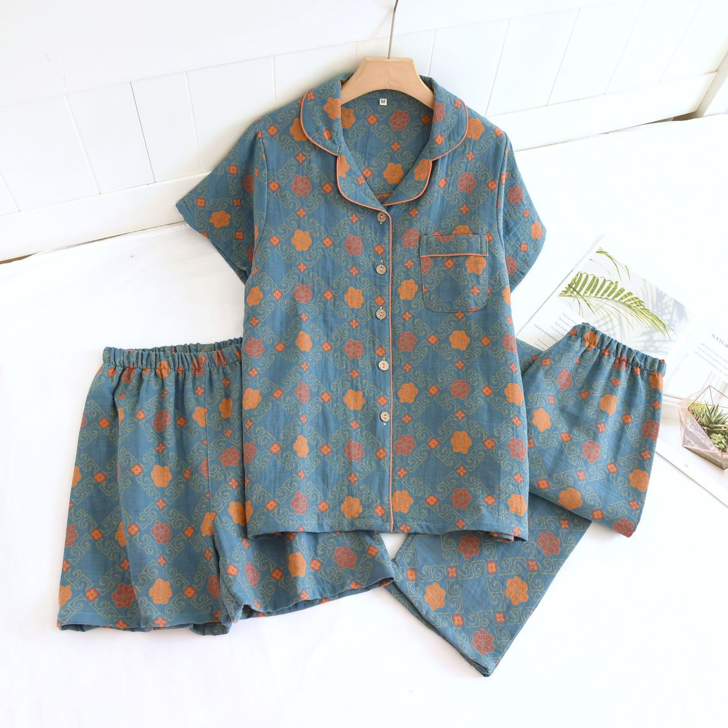 Yarn-dyed cotton pajamas women's summer short-sleeved printed summer retro loose home wear three-piece set can be worn outside