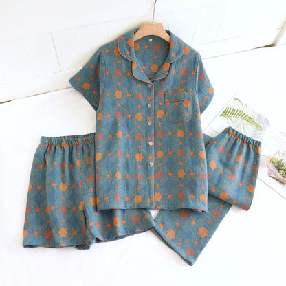 Yarn-dyed cotton pajamas women's summer short-sleeved printed summer retro loose home wear three-piece set can be worn outside