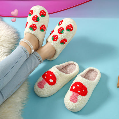 Autumn and Winter Home Cotton Slippers for Women, Cute Printed Plush Soft-Soled Slippers, Indoor Warm, Non-Slip and Comfortable