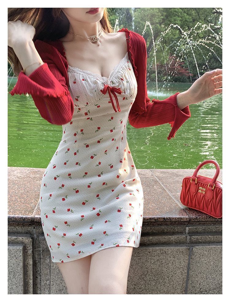 Plus Size Fat mm French Sweet Sexy Sweet Contrasting Suspender Skirt Women's Summer Red Cardigan + Floral Skirt Two-Piece Set