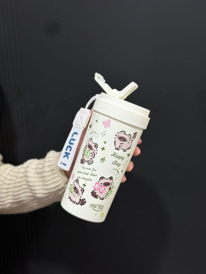 New cute thermos cup 316 stainless steel coffee cup portable double drink portable men's and women's straw accompanying cup