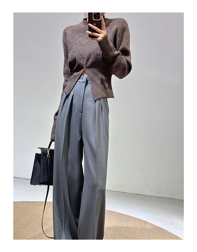 Spring and Autumn New Style Old Money Style Brown Coffee Color Suit Pants for Women, Wide-Leg Pants with Drape Effect, Slimming, Extended Length for Tall Individuals, Straight-Leg Pants