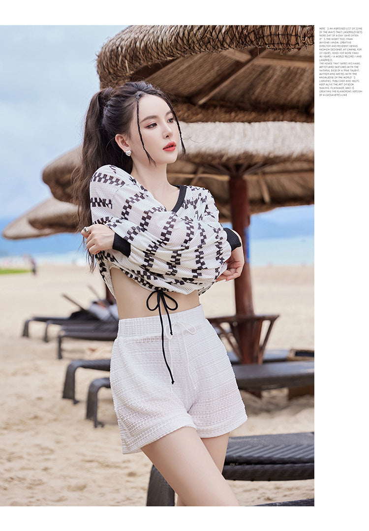 2024 new swimsuit women's split four-piece suit belly covering slimming gathered small chest South Korea ins style Hot Spring