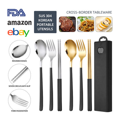 304 Stainless Steel Convenient Tableware Fork, Spoon and Chopsticks Three-Piece Set Outdoor Travel Student Storage Box Tableware Set
