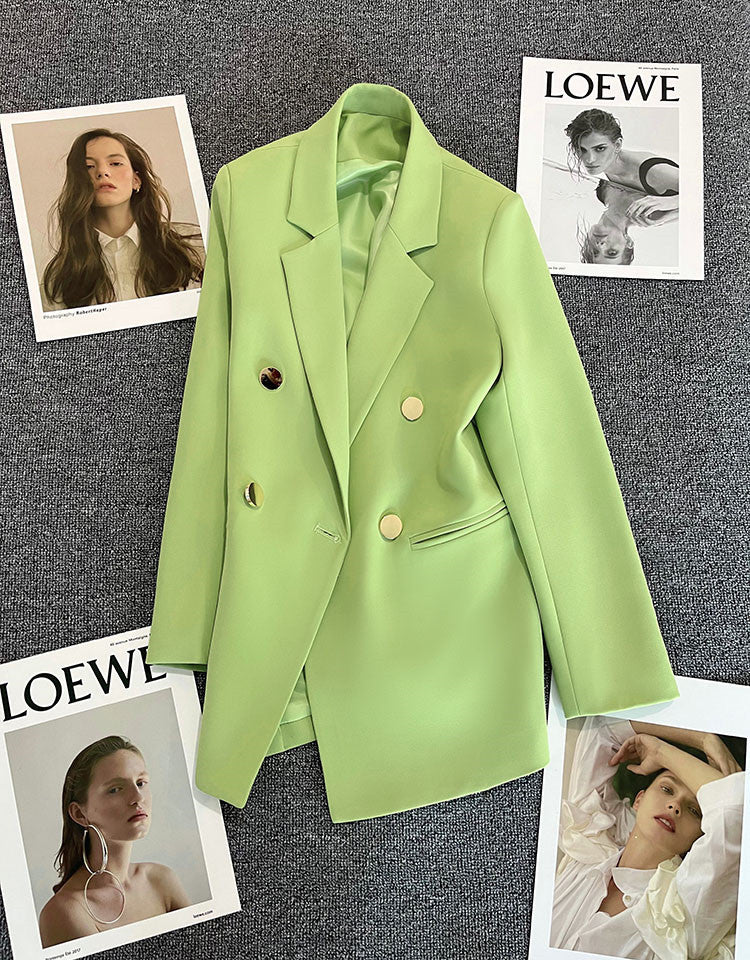 Green Metal Buckle Korean Style 2024 Spring and Autumn New Milk White Suit Jacket Women's Casual All-match High-end Suit