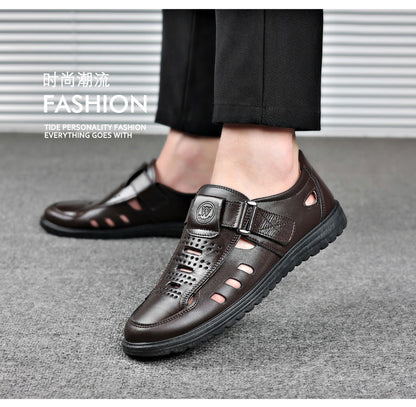 Leather cowhide special clearance shoes hollow leather sandals men's casual hole shoes middle-aged business dad shoes
