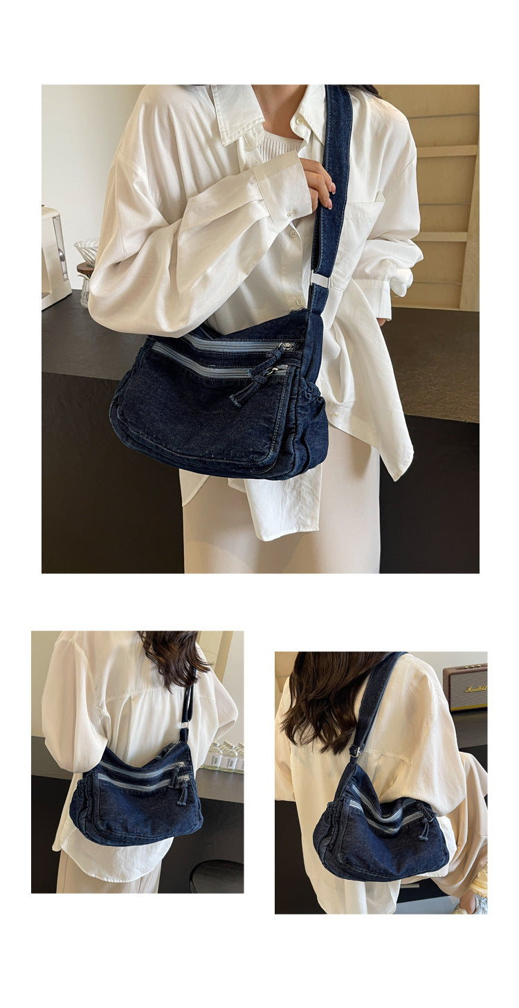 Casual Denim Shoulder Bag Japanese Harajuku Style Canvas Bag for Women 2026 New Large Capacity Simple Crossbody Bag