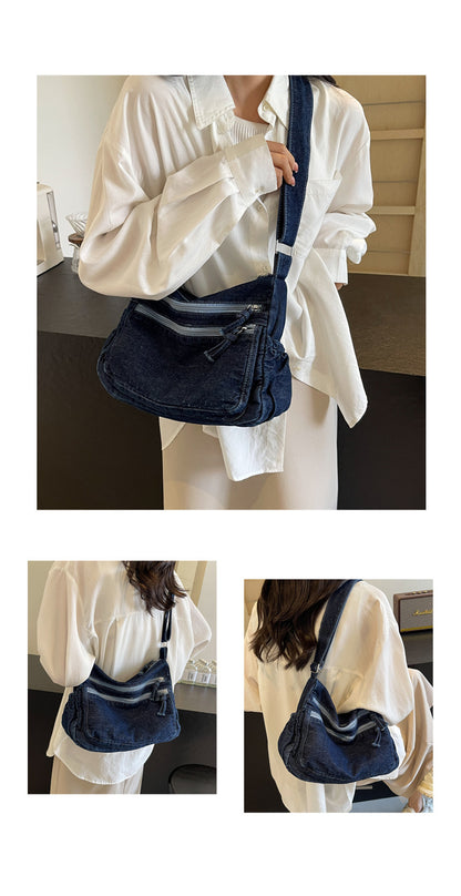 Casual Denim Shoulder Bag Japanese Harajuku Style Canvas Bag for Women 2026 New Large Capacity Simple Crossbody Bag