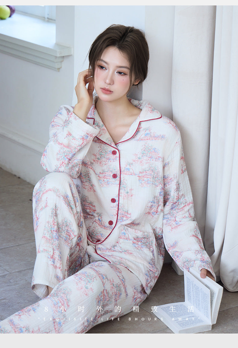 New Cotton Thickened Edge Four-Layer Gauze Women's Pajamas Cotton Warm Long-Sleeved Home Clothes for Autumn and Winter suit