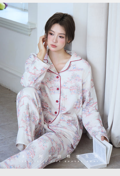 New Cotton Thickened Edge Four-Layer Gauze Women's Pajamas Cotton Warm Long-Sleeved Home Clothes for Autumn and Winter suit
