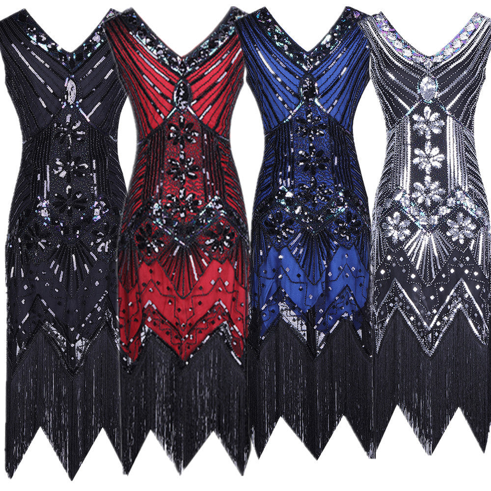 S-4Xl Amazon Wish Real Shot 1920S Retro Sequin Dress Handmade Beaded Tassel Plus Size Evening Dress