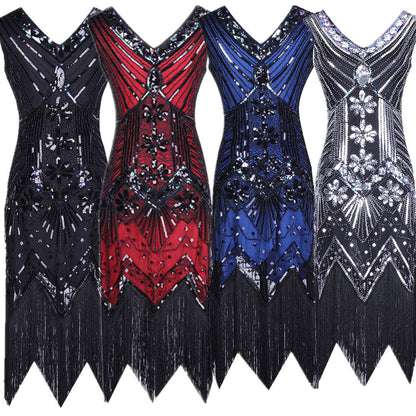 S-4Xl Amazon Wish Real Shot 1920S Retro Sequin Dress Handmade Beaded Tassel Plus Size Evening Dress